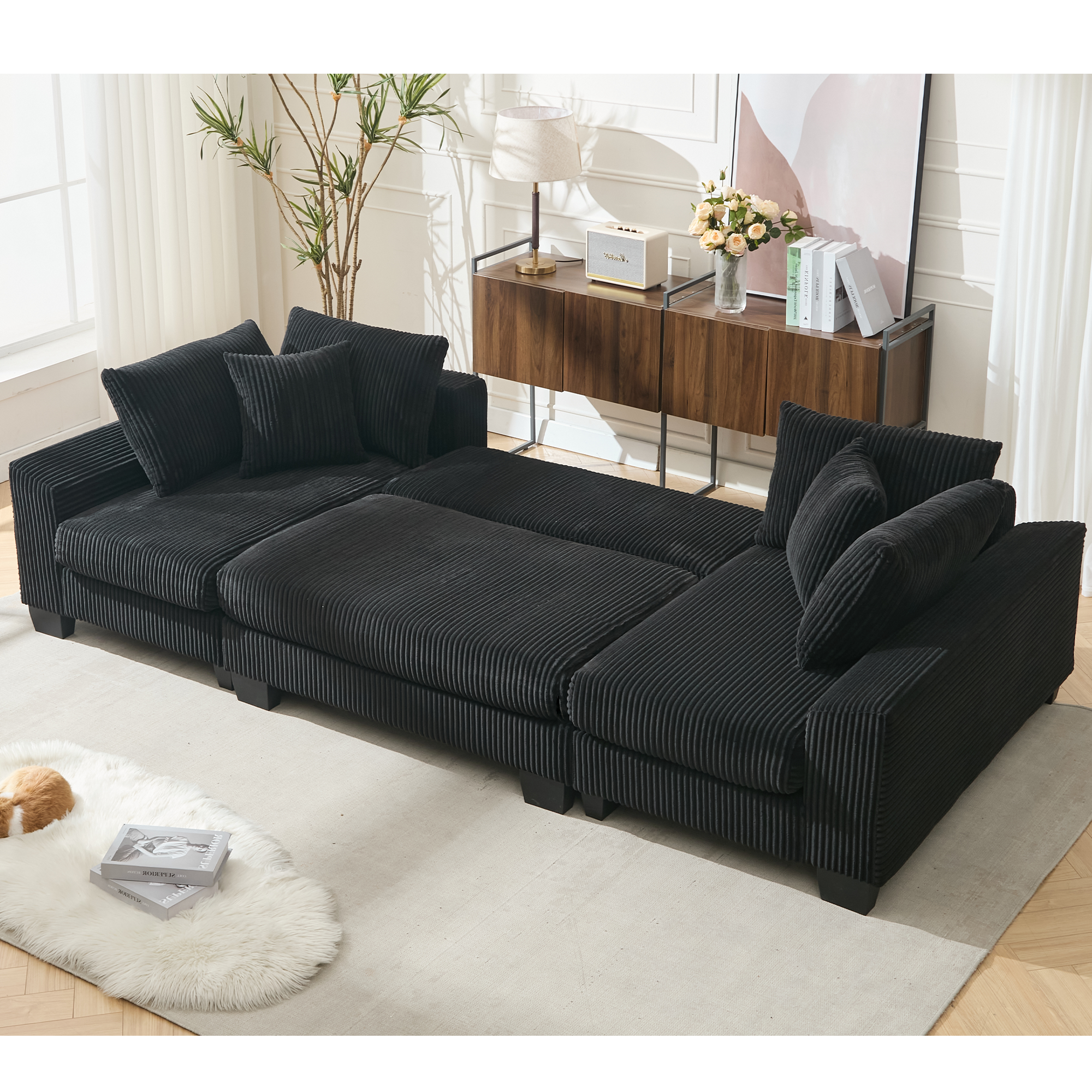 Black Corduroy U-Shaped Convertible Sleeper Sectional – 114"