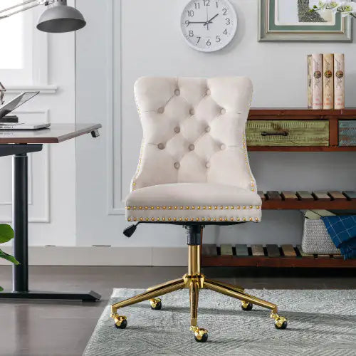 Beige Velvet Tufted Swivel Office Chair with Gold Base