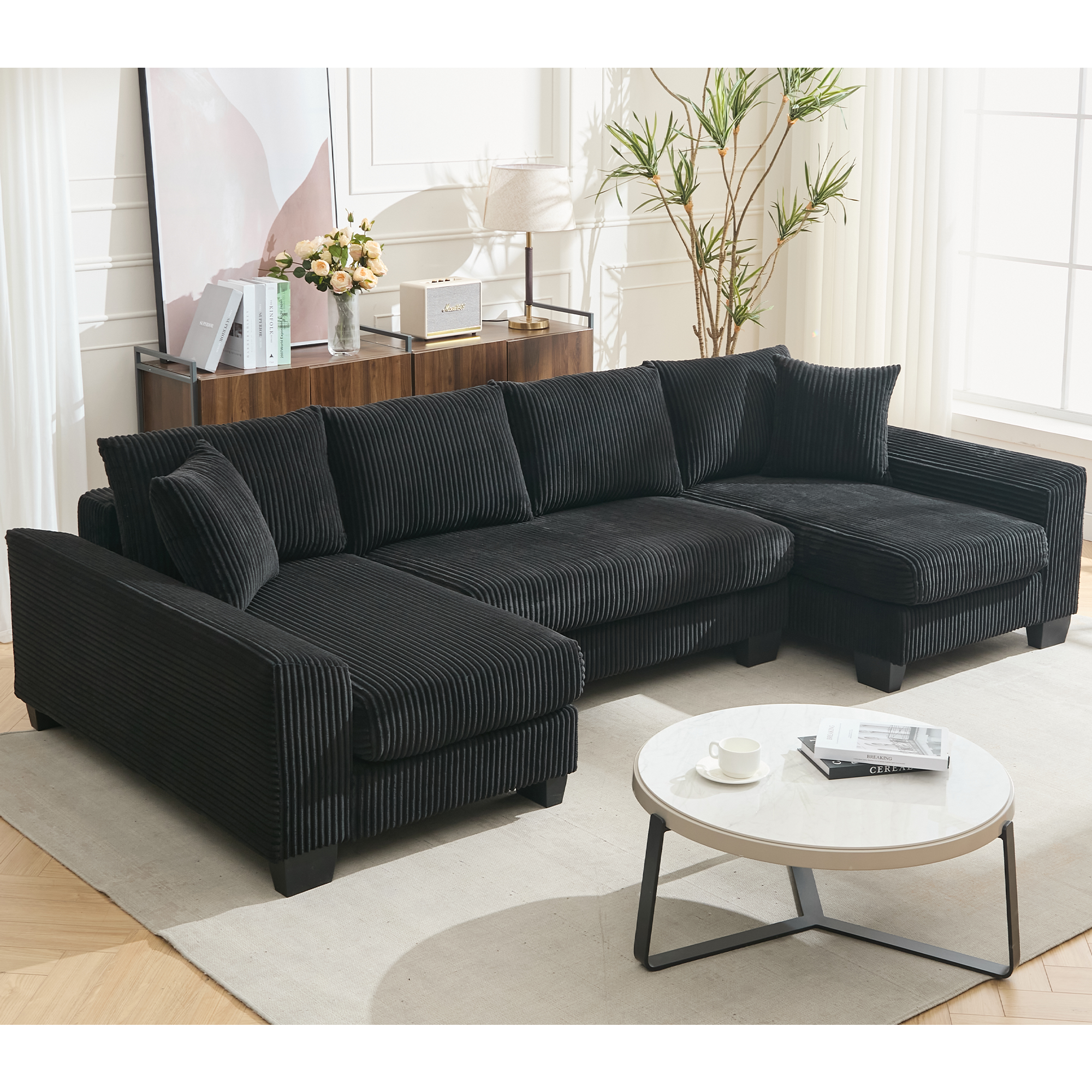 Black Corduroy U-Shaped Convertible Sleeper Sectional – 114"