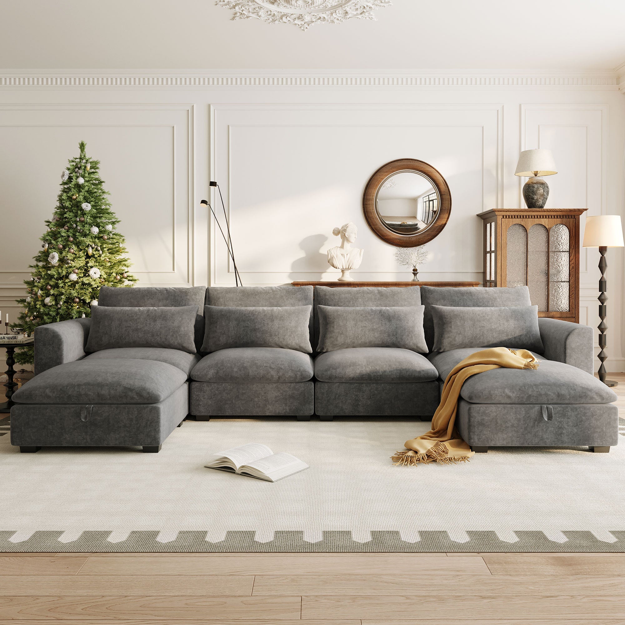 Gray Linen Modular U-Shaped Sectional with Two Storage Ottomans – 132"
