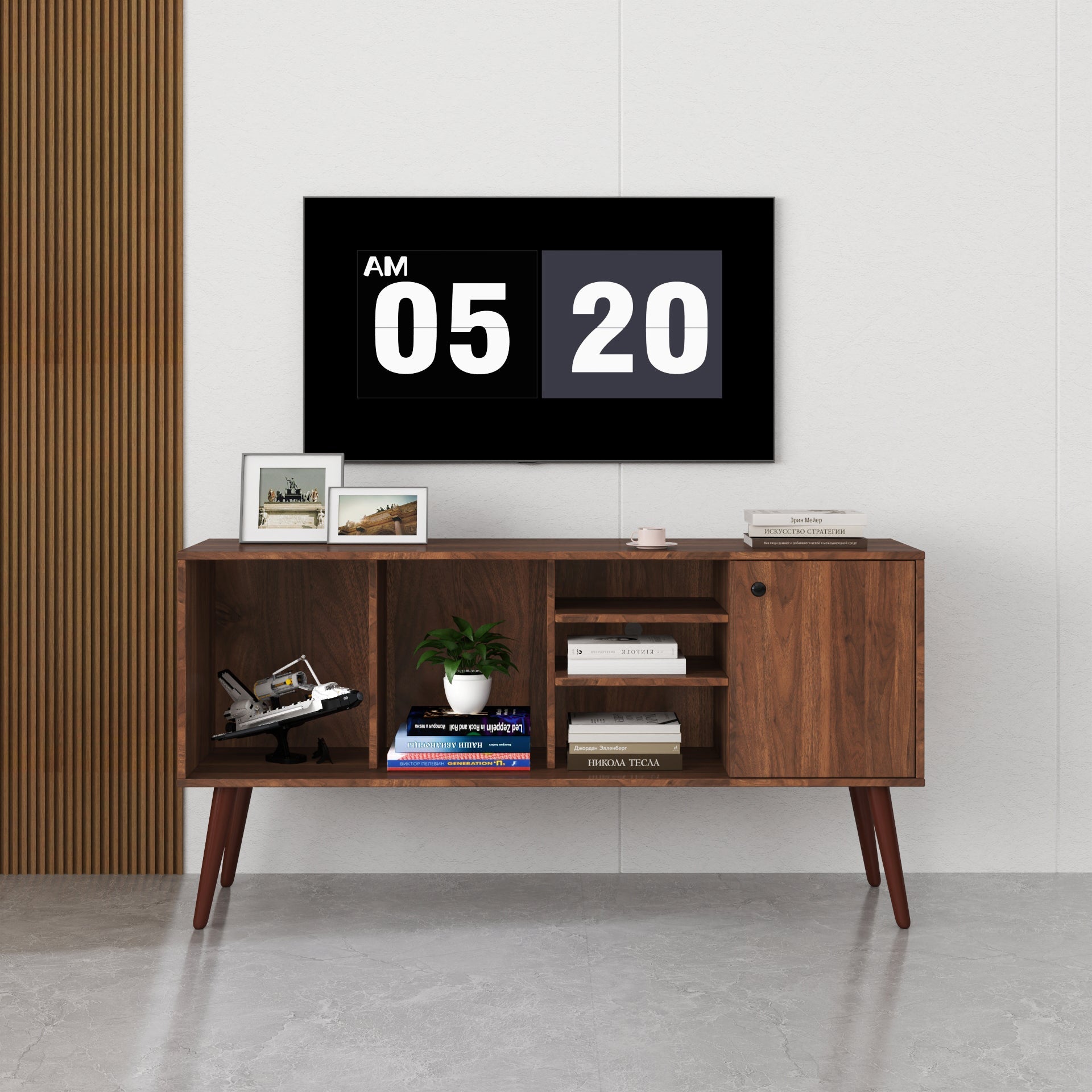 Walnut Modern Media Console – 53" with Closed Storage & Open Shelving