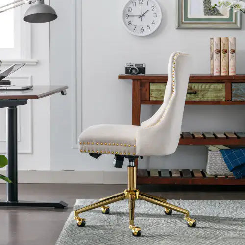 Beige Velvet Tufted Swivel Office Chair with Gold Base